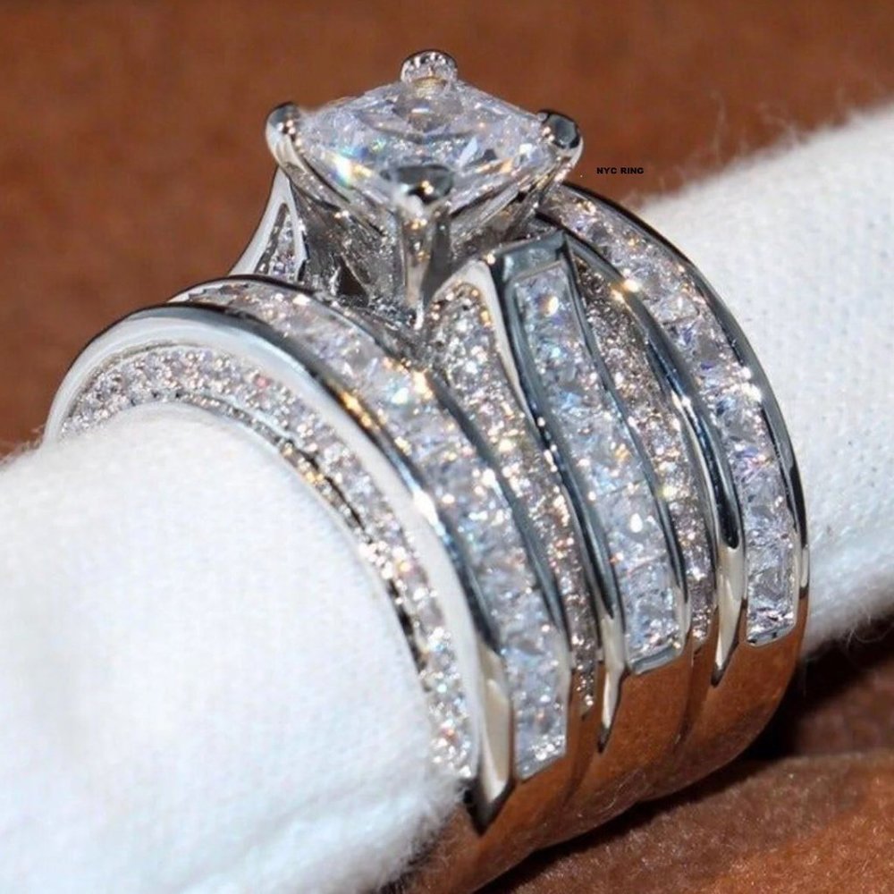 MULTI-LEVEL SILVER DIAMOND BRIDAL RING - Picture 3 of 4